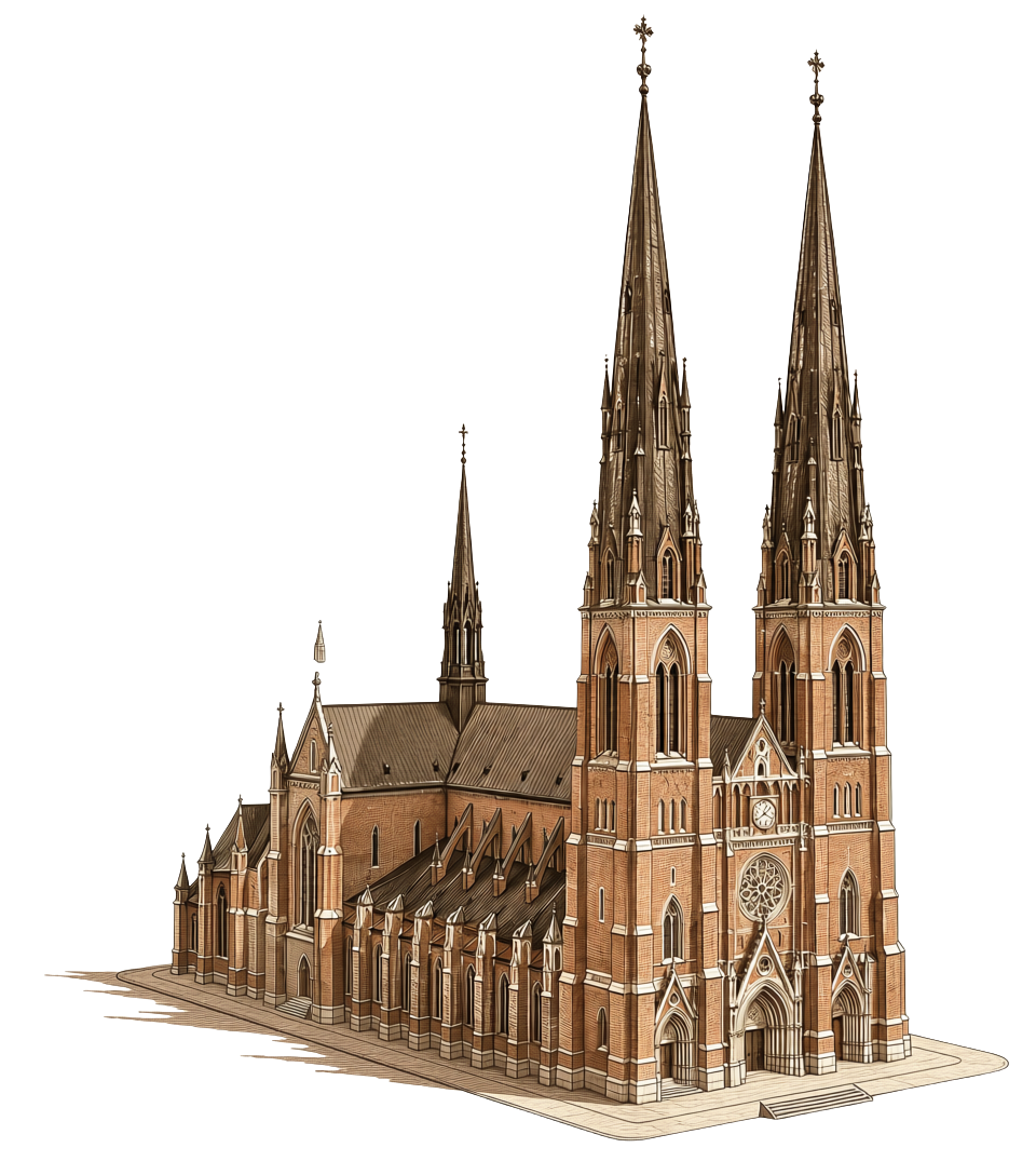 Uppsala domkyrka tecknad i sepia