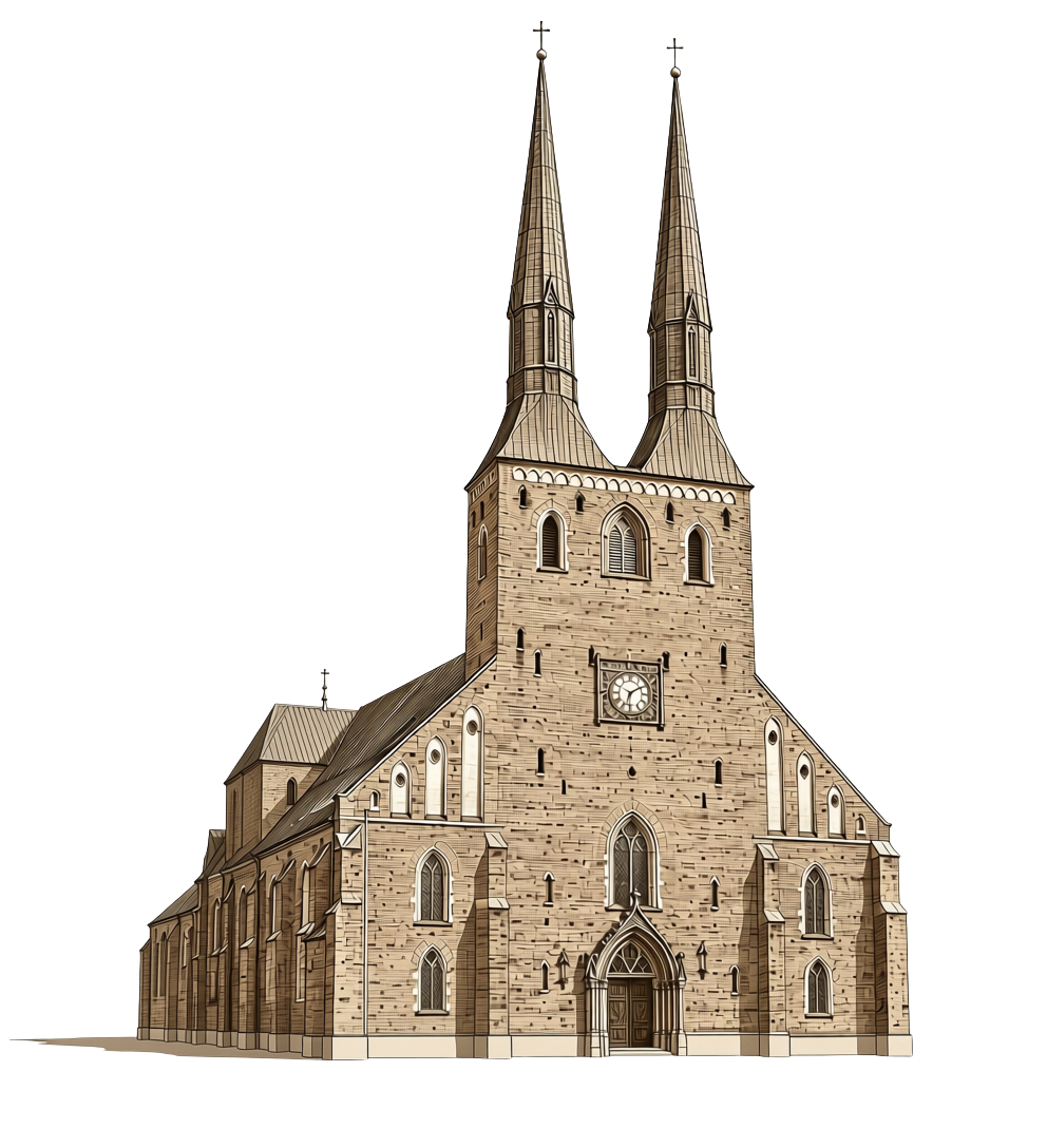 Växjö domkyrka tecknad i sepia
